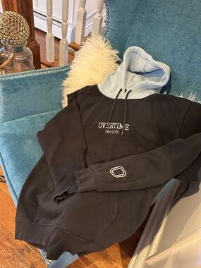 Overtime New York Two-Tone Turtleneck Hoodie — Black with Light Blue Hood